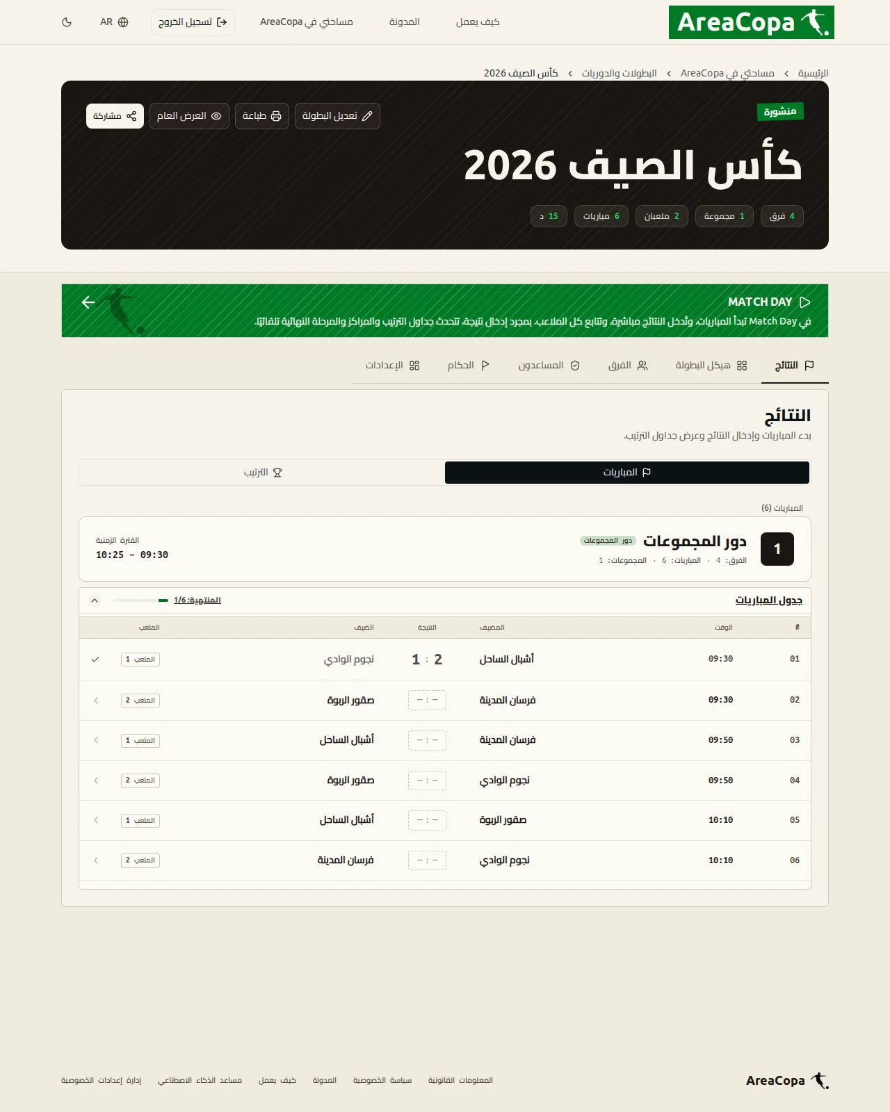 تبويب «النتائج»: لُعبت مباريات المجموعة الست كلها