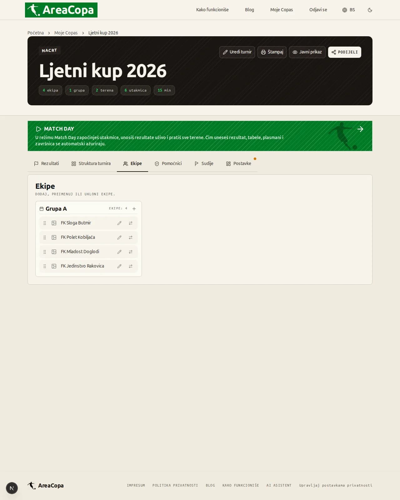 Kartica Ekipe na kontrolnoj ploči: nazivi četiri kluba u grupi A