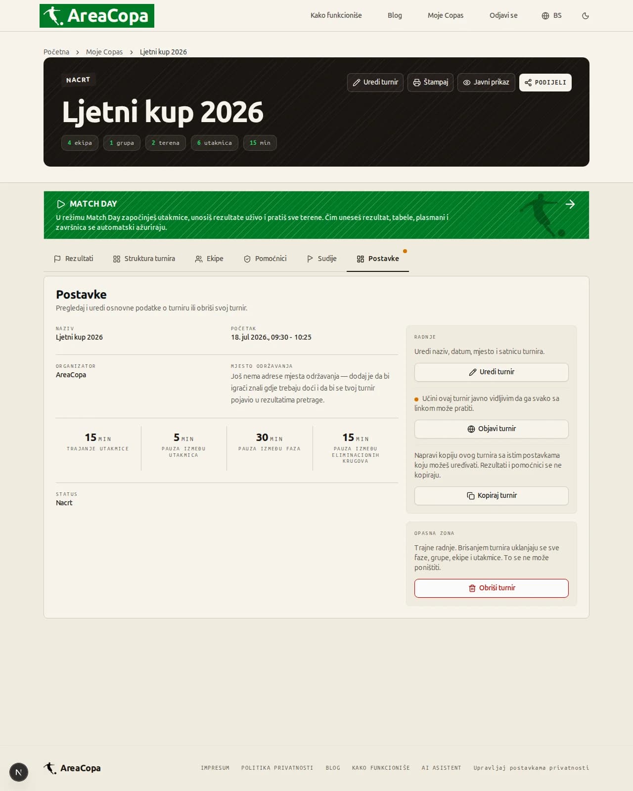 Kartica Radnje sa dugmetom „Objavi turnir“