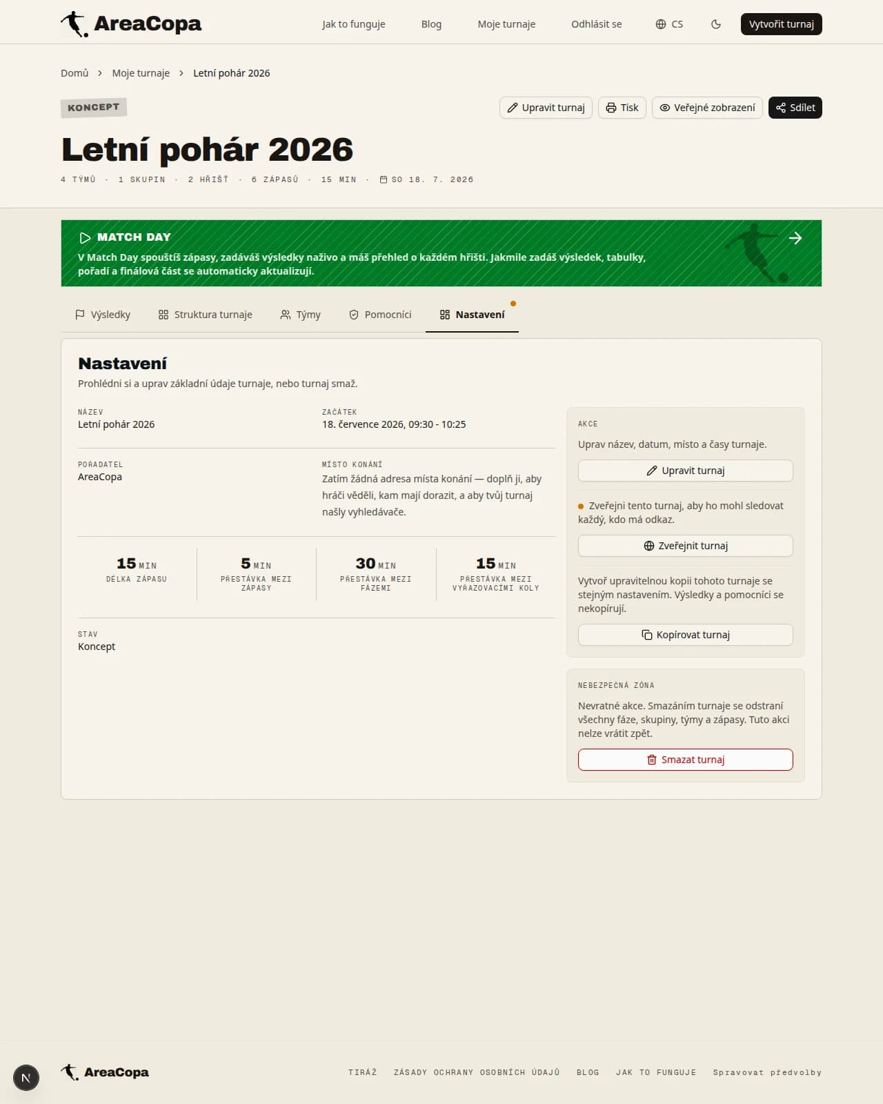 Karta akcí s tlačítkem „Zveřejnit turnaj“