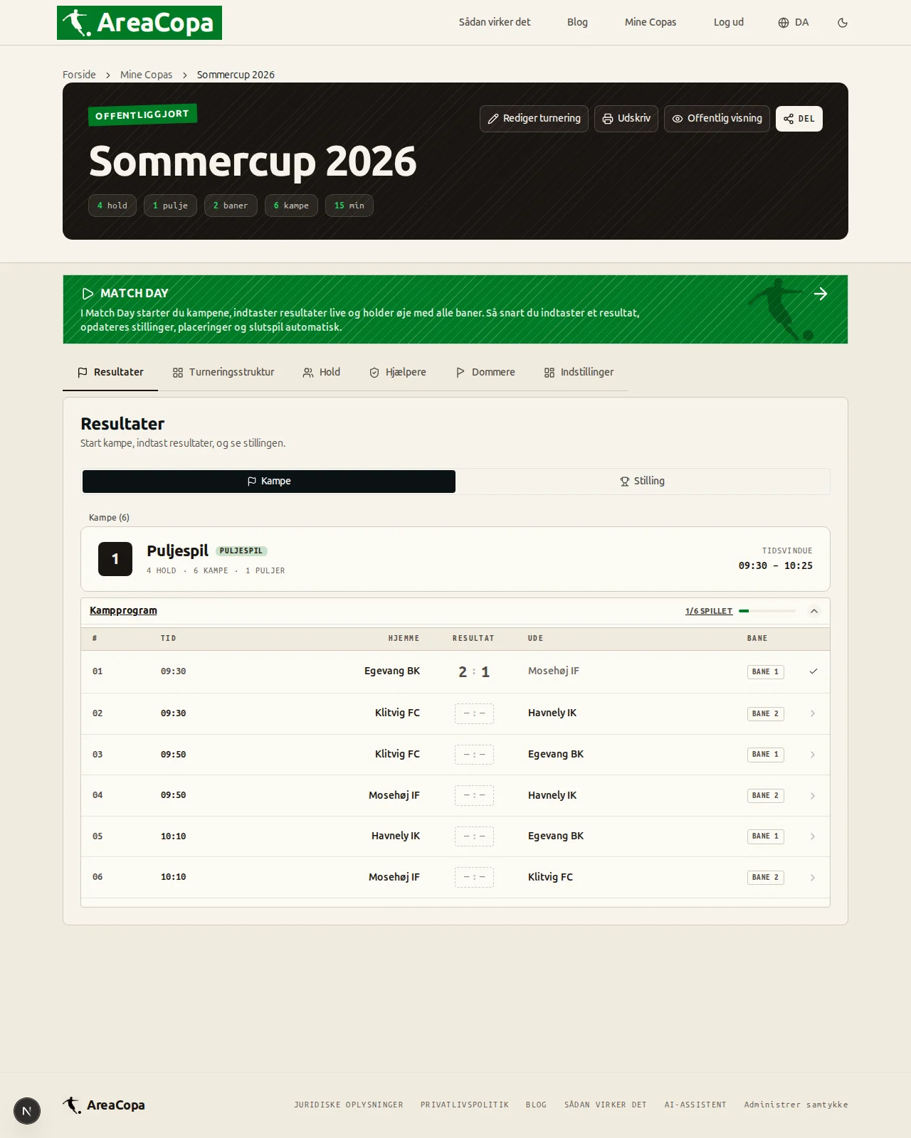 Fanen »Resultater«: alle seks kampe i puljespillet er spillet