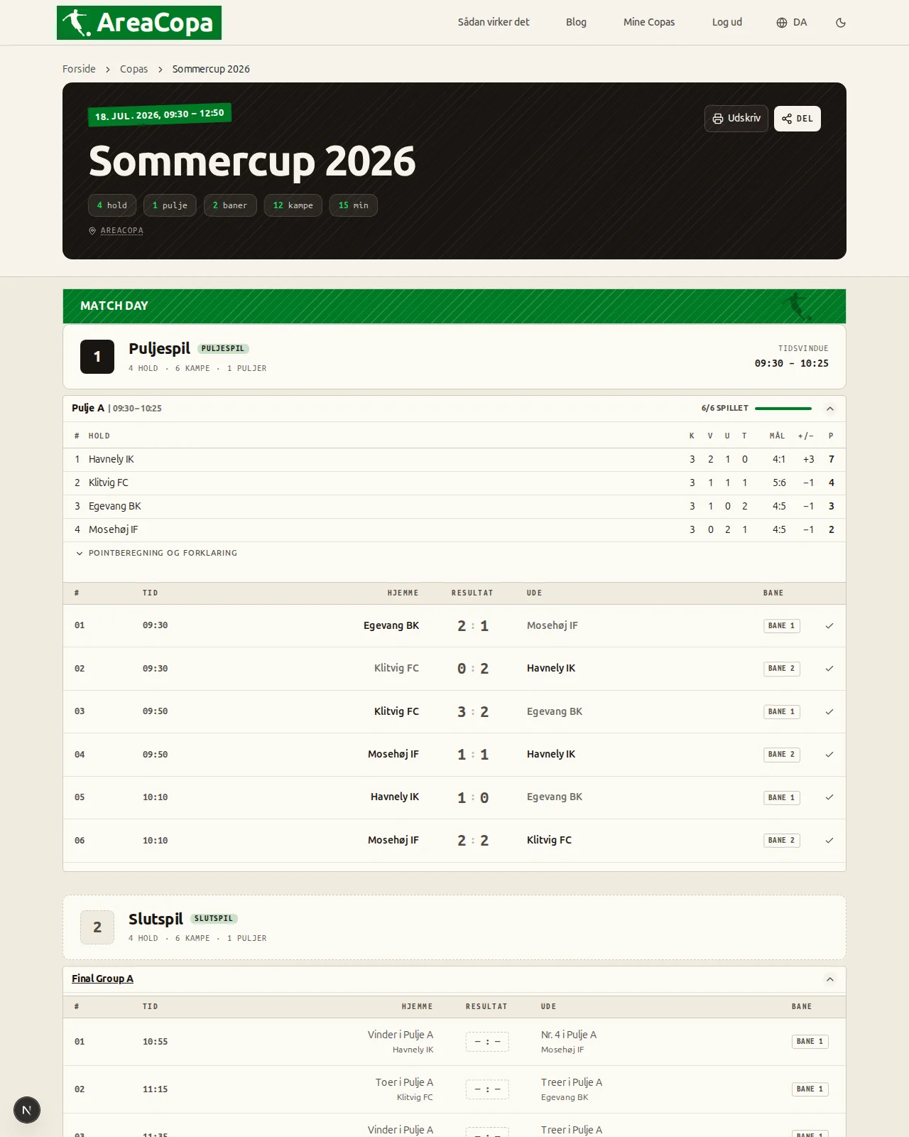 Offentlig turneringsside med livestilling, alle resultater og kampprogrammet for slutspillet