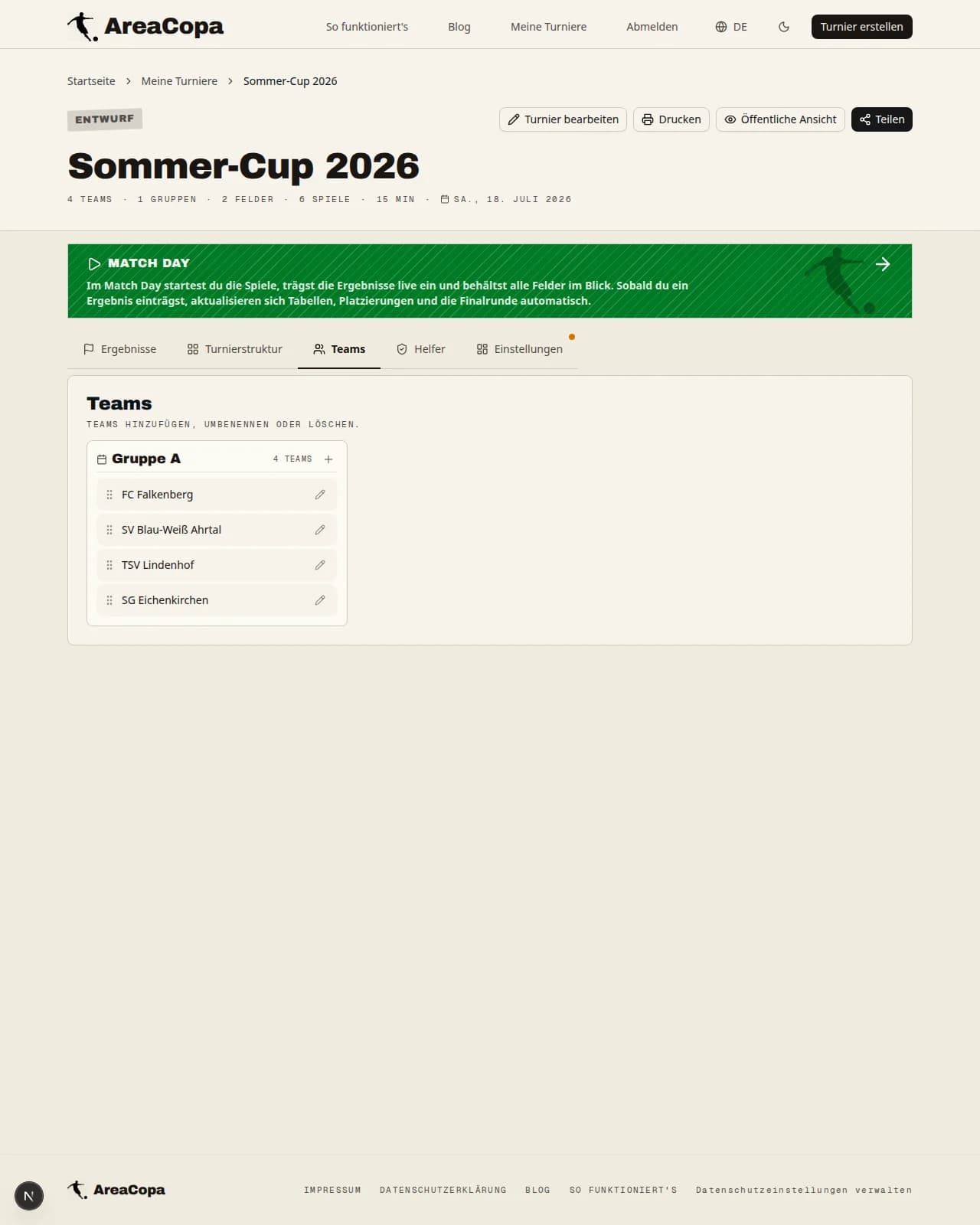 Teams-Board im Dashboard: vier Vereinsnamen in Gruppe A