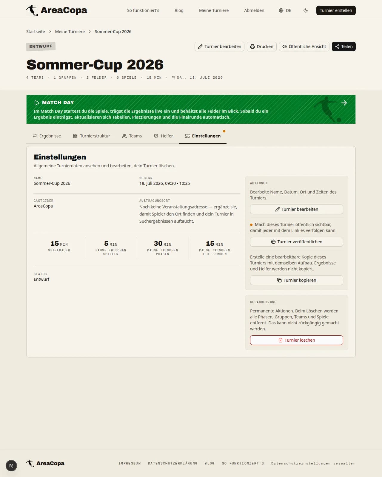 Aktionen-Karte mit dem Button „Turnier veröffentlichen“