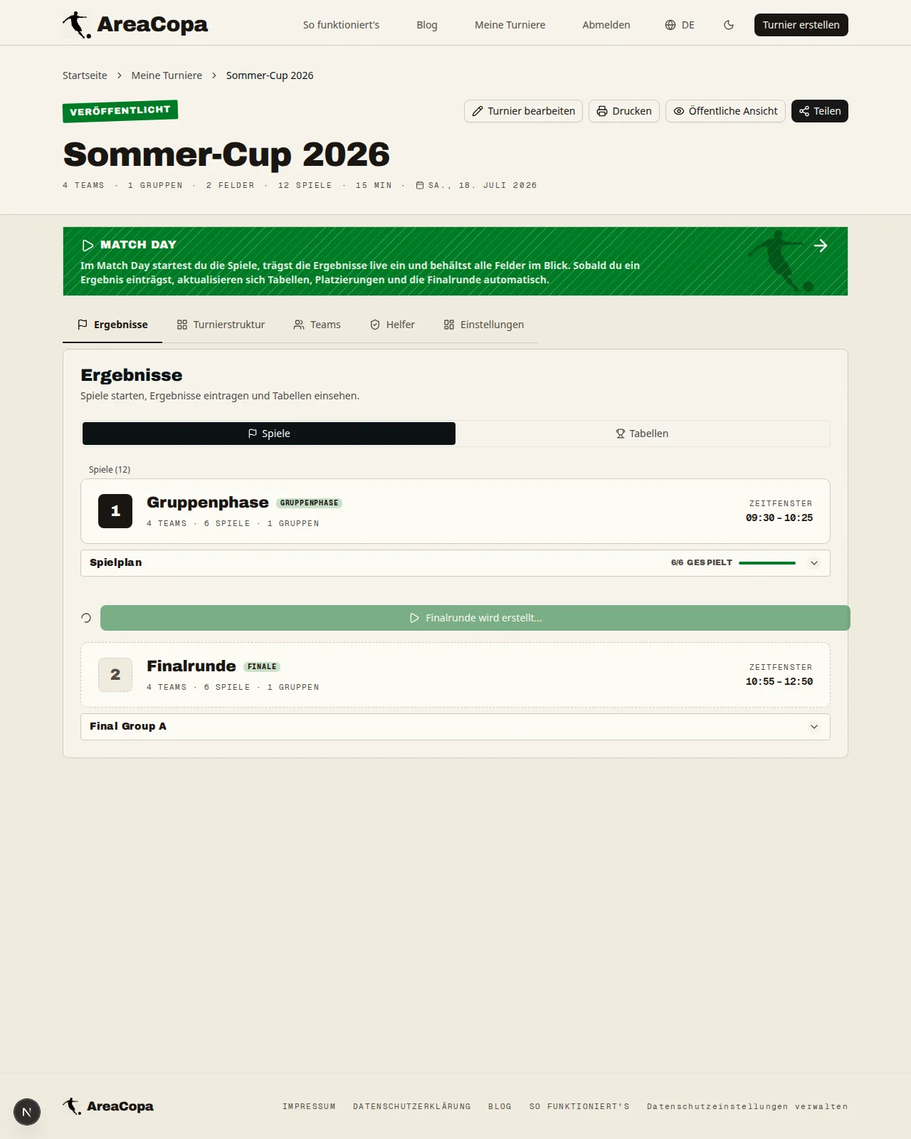 Finalrunde wird mit einem Klick aus der Tabelle erstellt