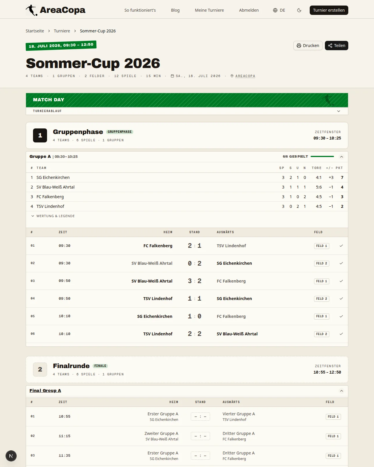Öffentliche Turnierseite mit Live-Tabelle, allen Ergebnissen und Finalrunden-Spielplan