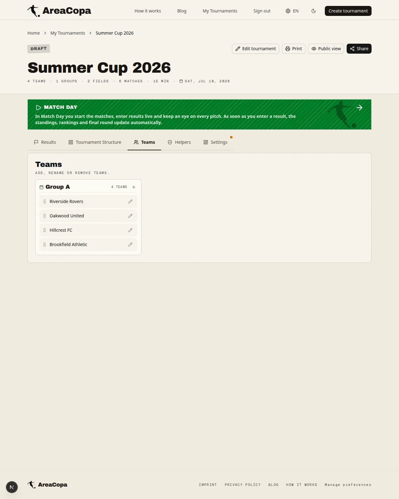 Teams board in the dashboard: four club names in Group A