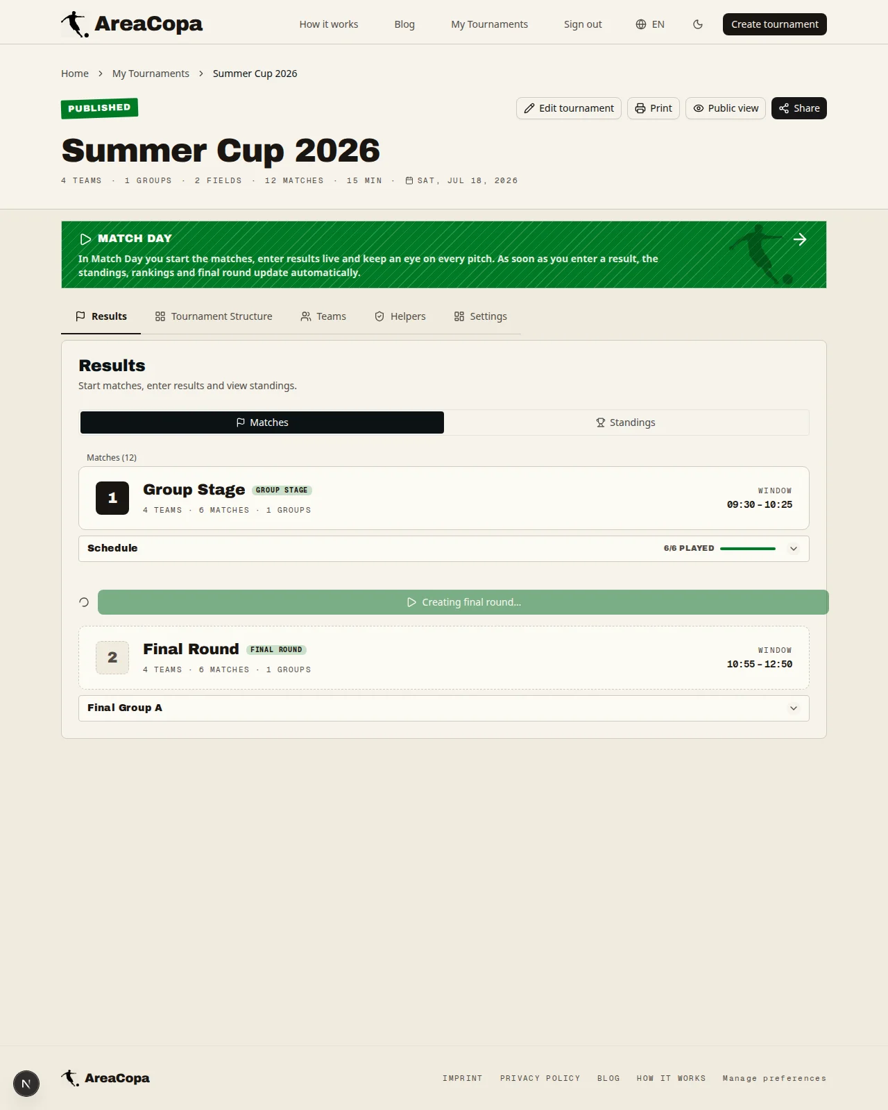 Final round created from the standings with one click
