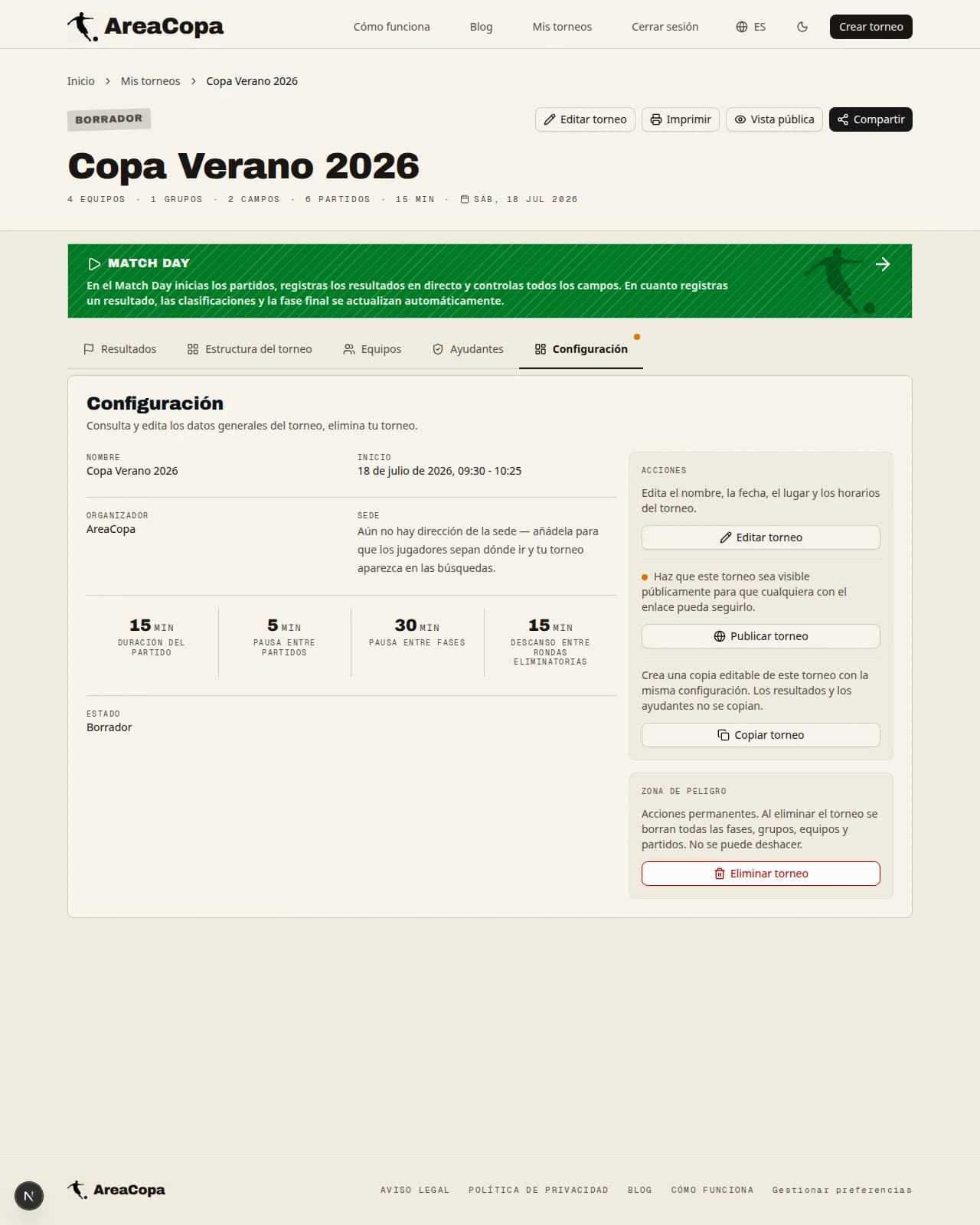 Configuración: datos del torneo, duración de partidos y descansos