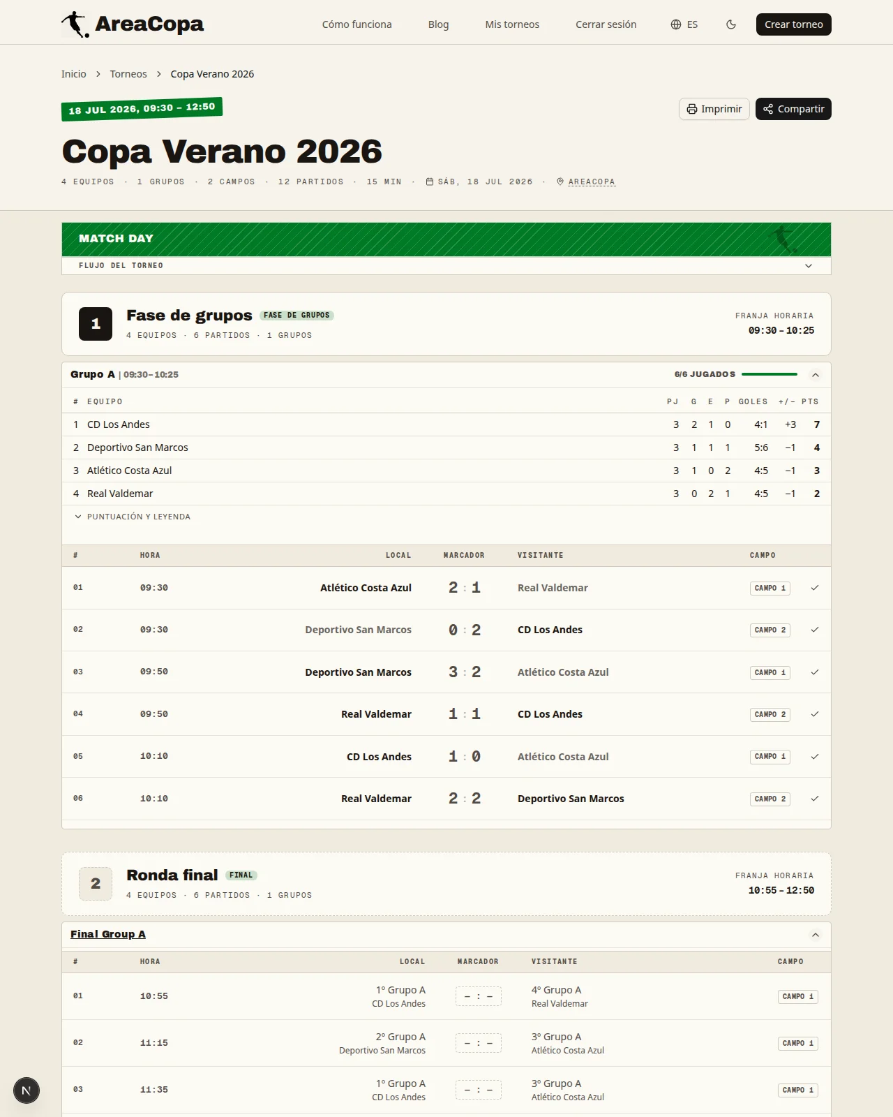 Página pública del torneo con tabla en vivo, todos los resultados y el calendario de la fase final
