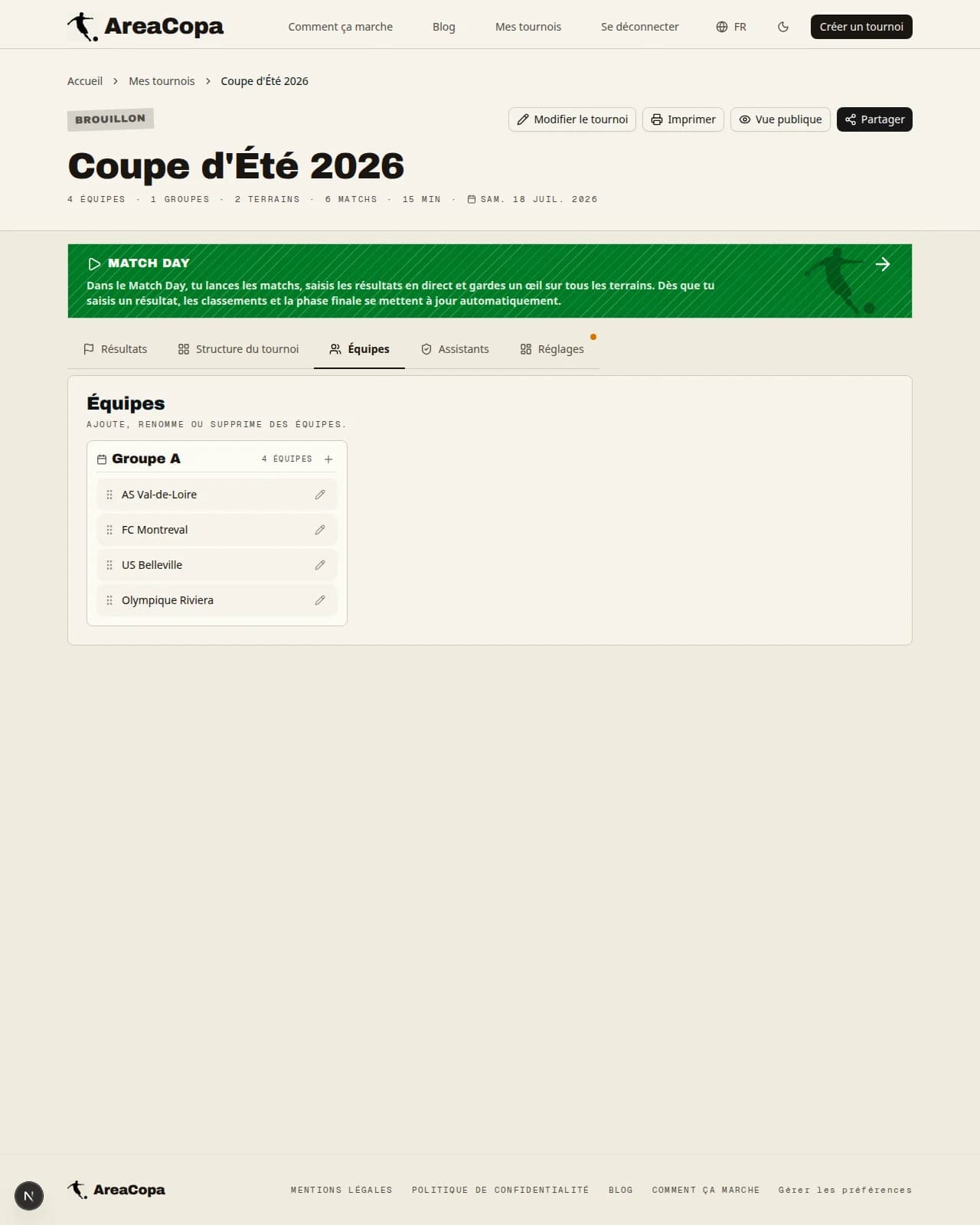 Tableau des équipes : quatre noms de clubs dans le groupe A