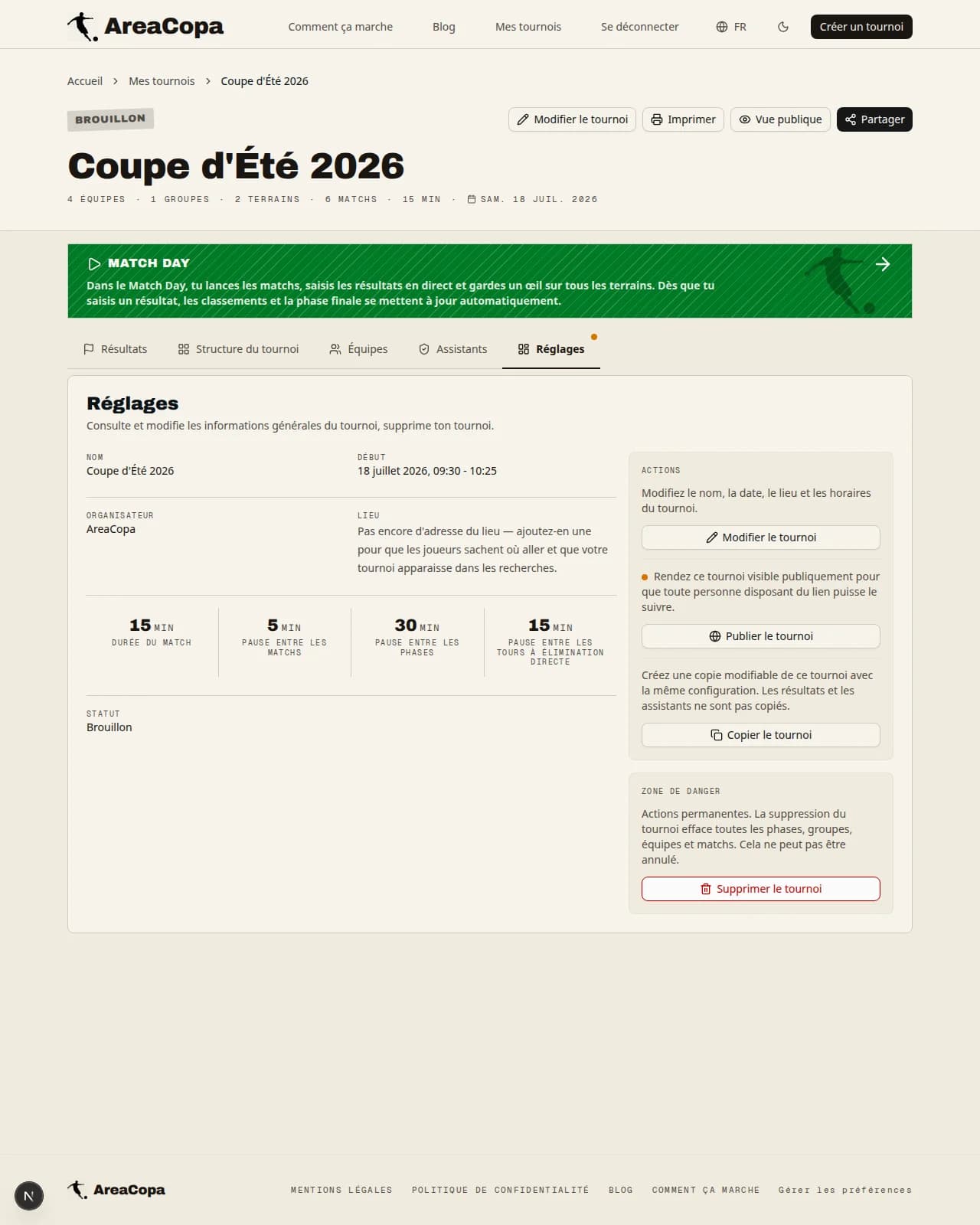 Carte d’actions avec le bouton « Publier le tournoi »