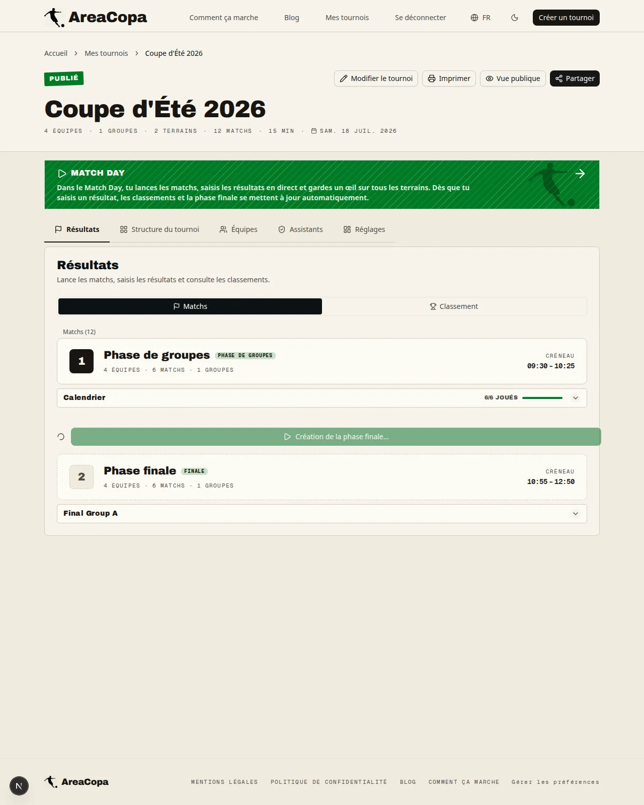 Phase finale créée à partir du classement en un clic