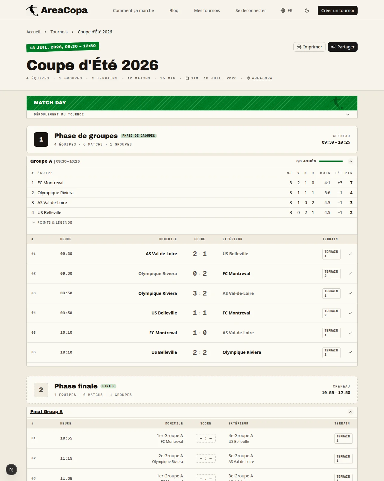 Page publique du tournoi avec classement en direct, tous les résultats et le calendrier de la phase finale