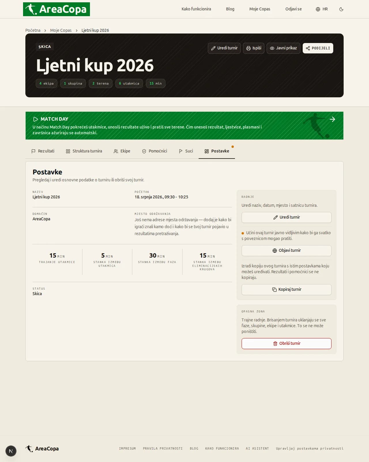 Kartica Postavke: podaci o turniru, trajanje utakmica i stanke na jednom mjestu