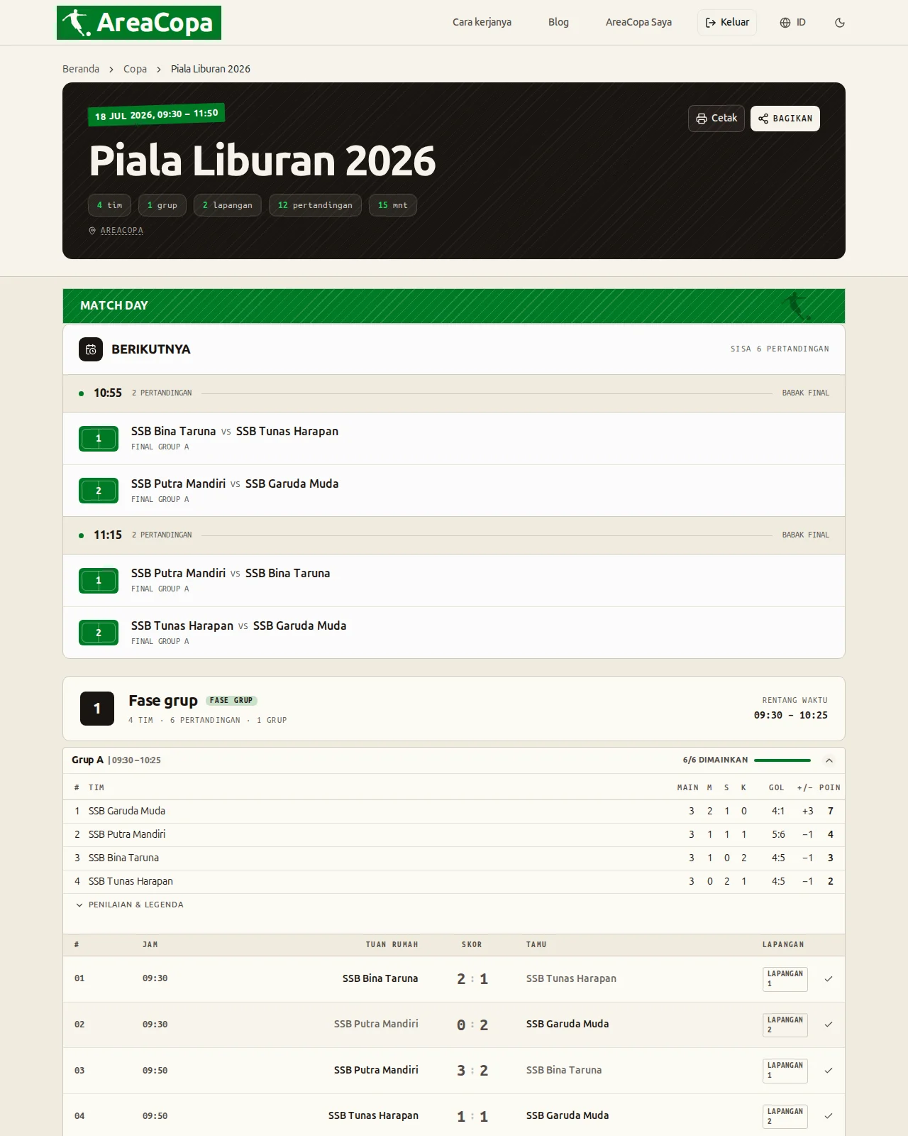 Halaman turnamen publik dengan klasemen langsung, semua hasil, dan jadwal pertandingan babak final