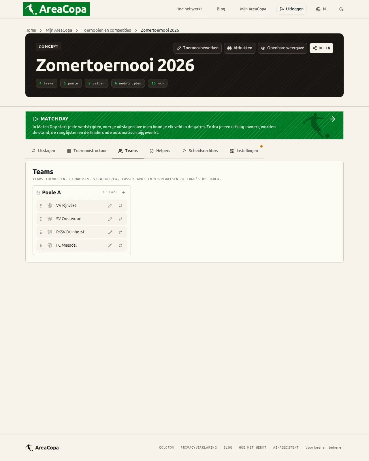 Teamoverzicht in het dashboard: vier clubnamen in poule A