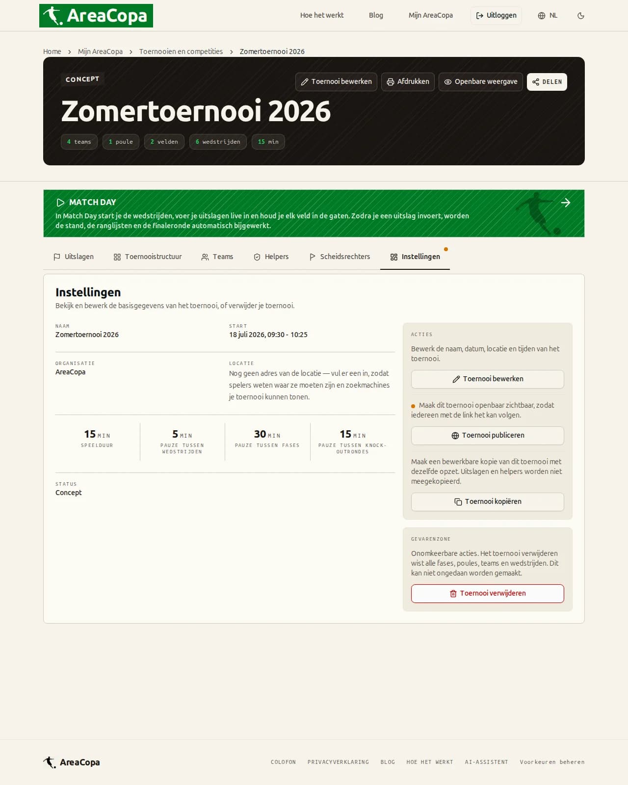 Instellingen: toernooigegevens, speelduur en pauzes in één oogopslag