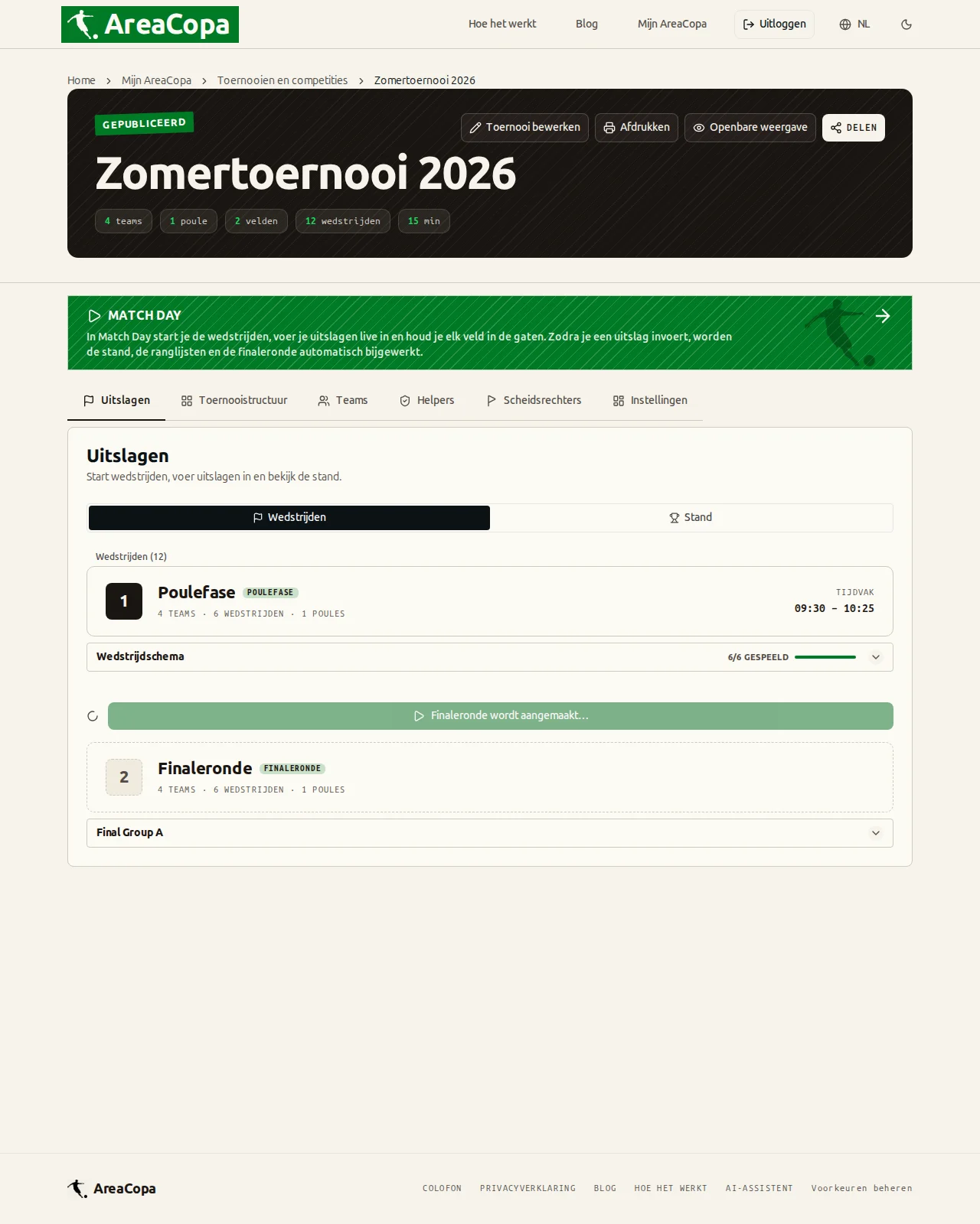 De finaleronde wordt met één klik uit de stand aangemaakt
