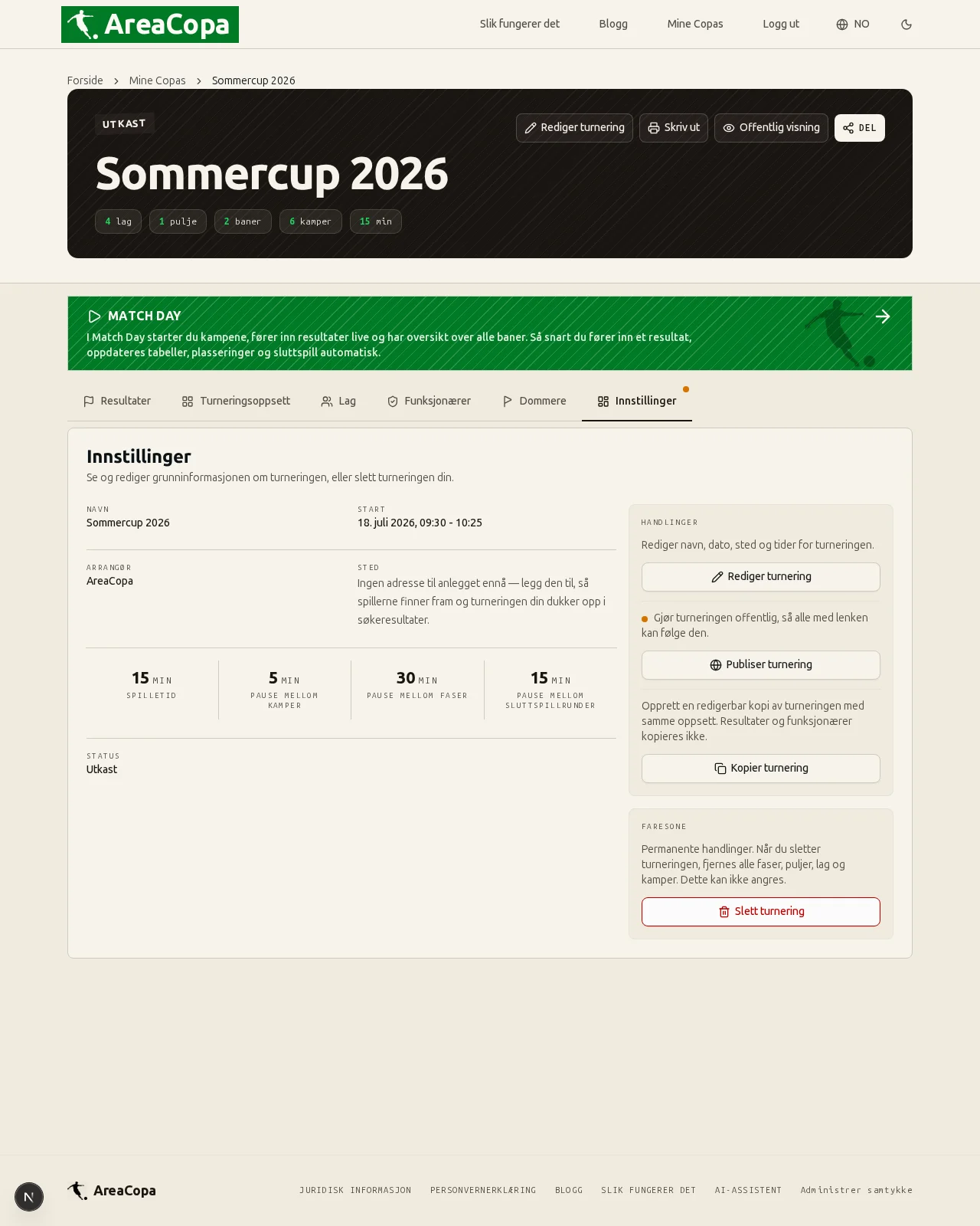 Innstillinger: turneringsinformasjon, spilletid og pauser samlet