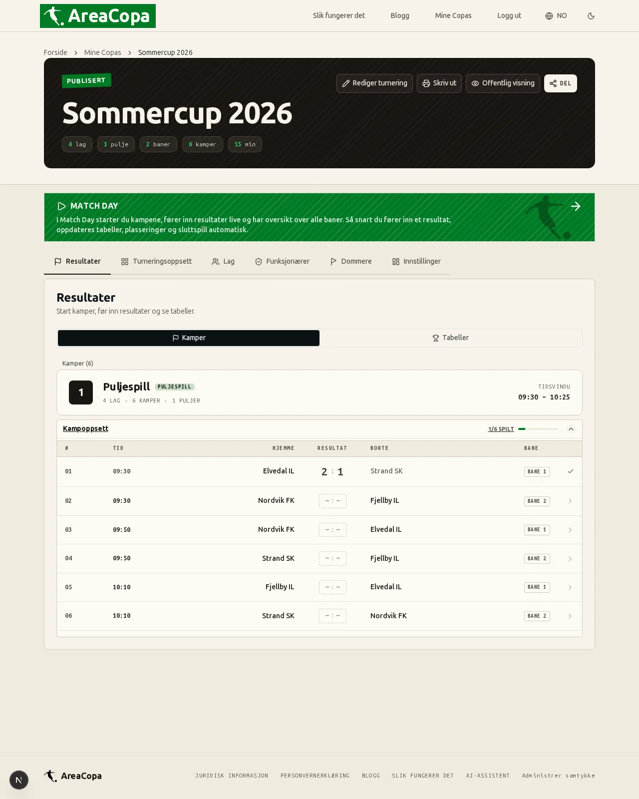 Fanen «Resultater»: alle seks kampene i puljespillet er spilt