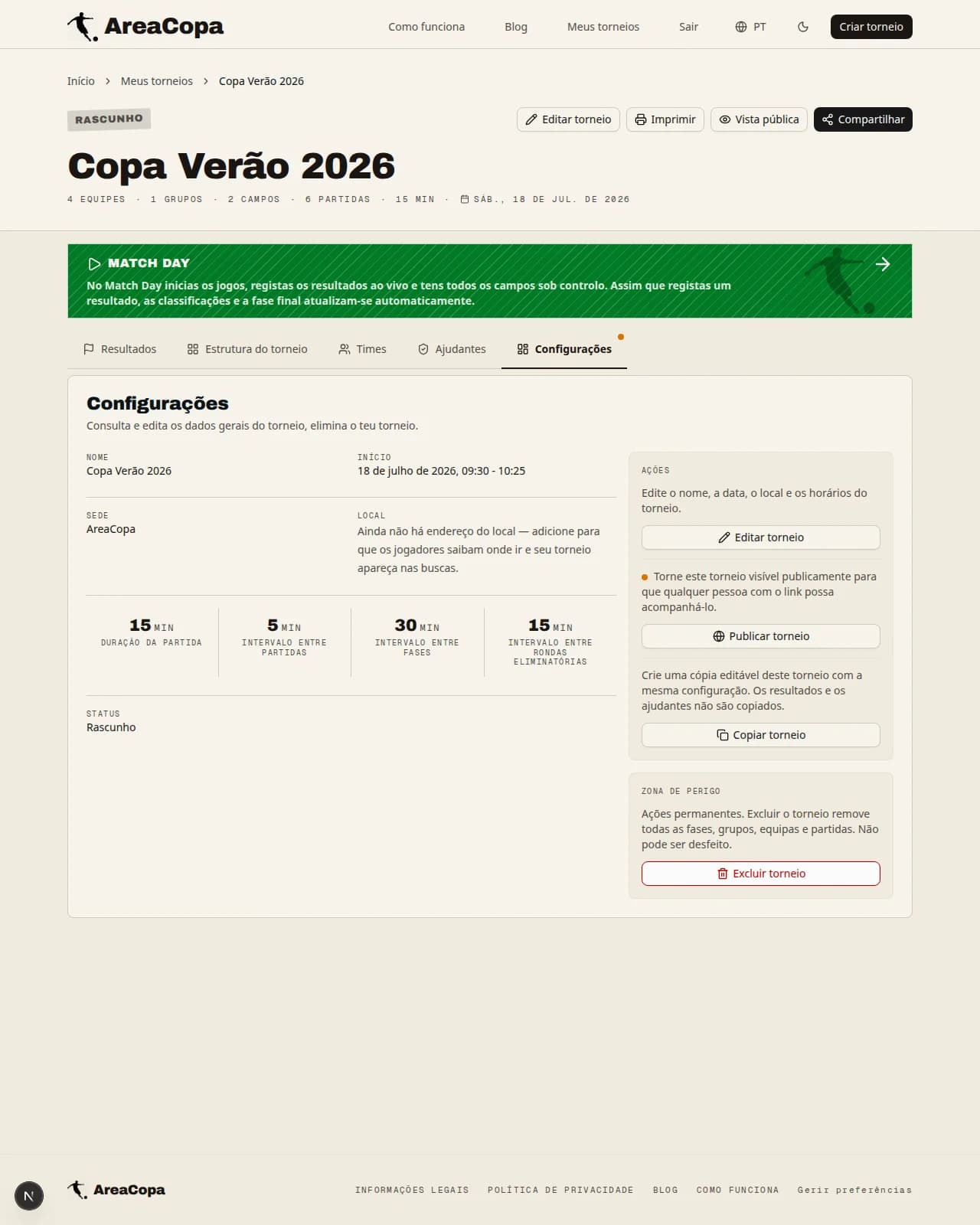Cartão de ações com o botão «Publicar torneio»