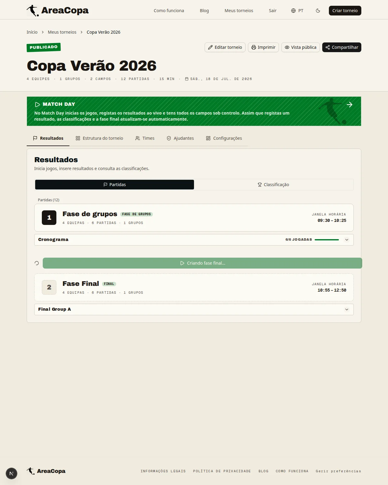 Fase final criada a partir da classificação com um clique