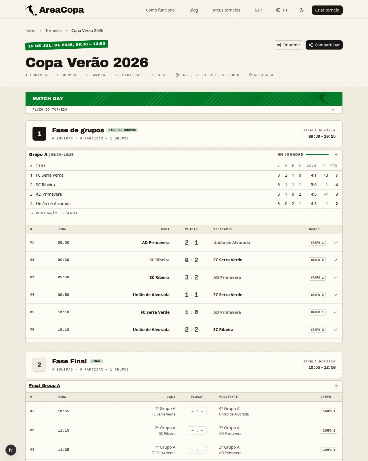 Página pública do torneio com classificação ao vivo, todos os resultados e a tabela da fase final