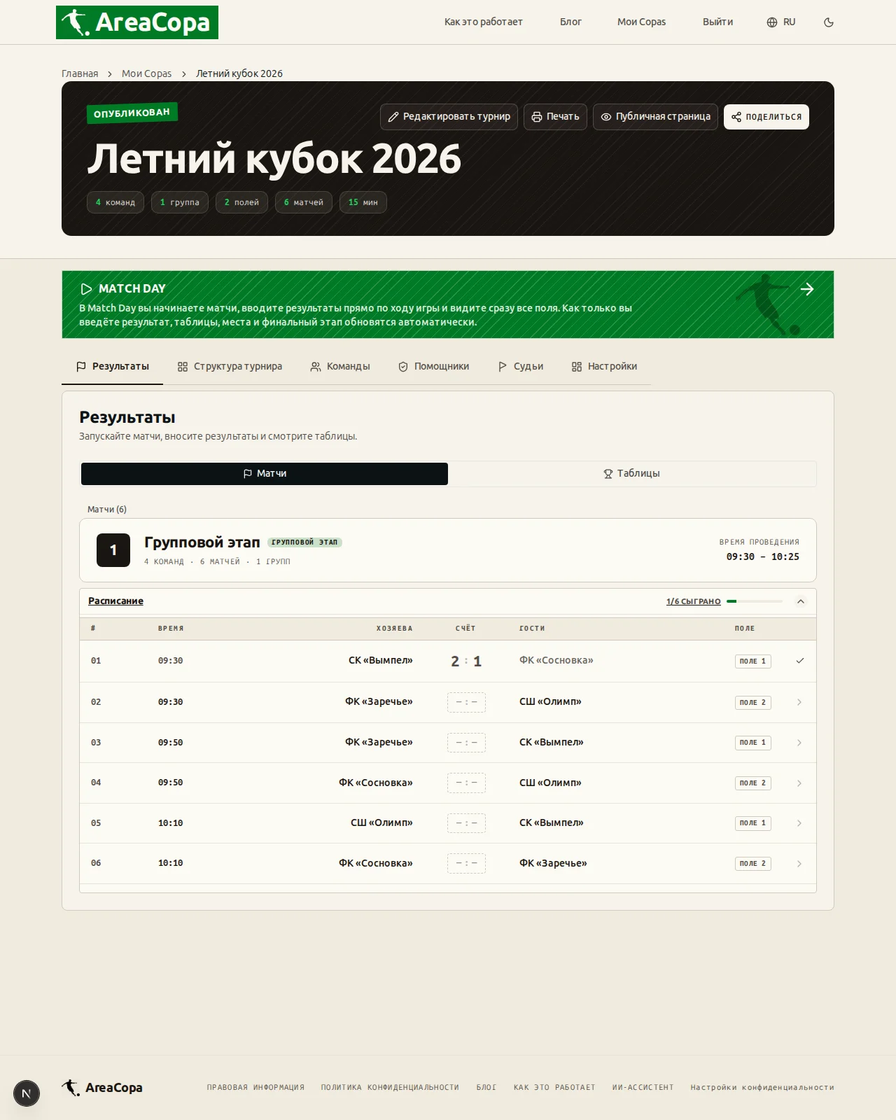Вкладка «Результаты»: все шесть матчей группового этапа сыграны