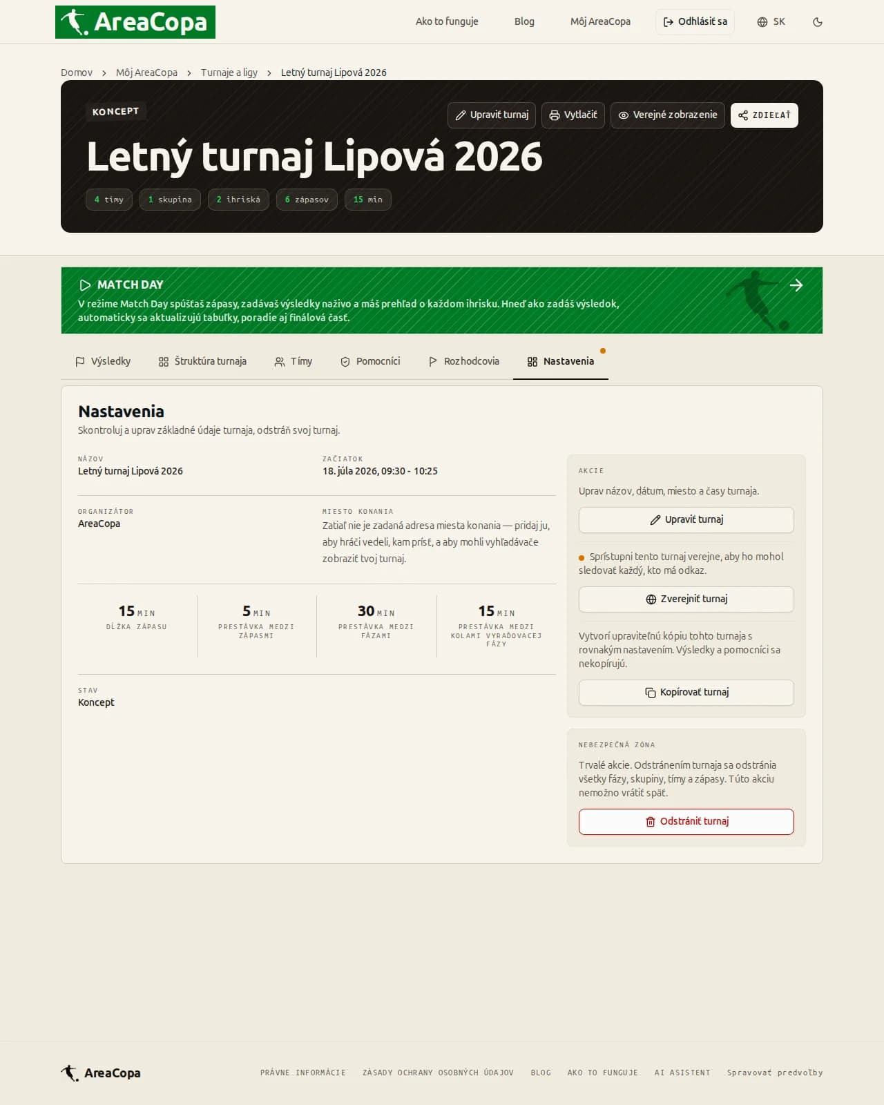Karta Nastavenia: údaje o turnaji, dĺžka zápasov a prestávky na prvý pohľad