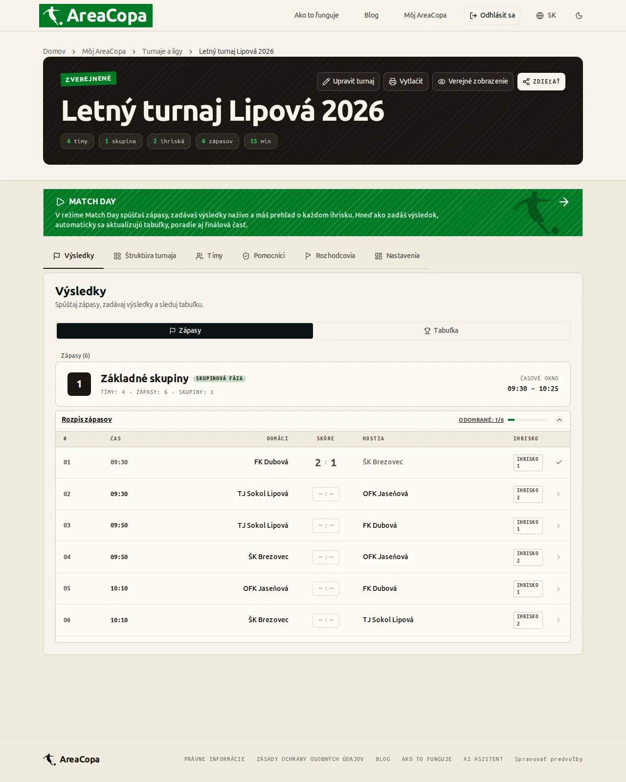 Karta Výsledky: všetkých šesť zápasov v skupinách je odohraných