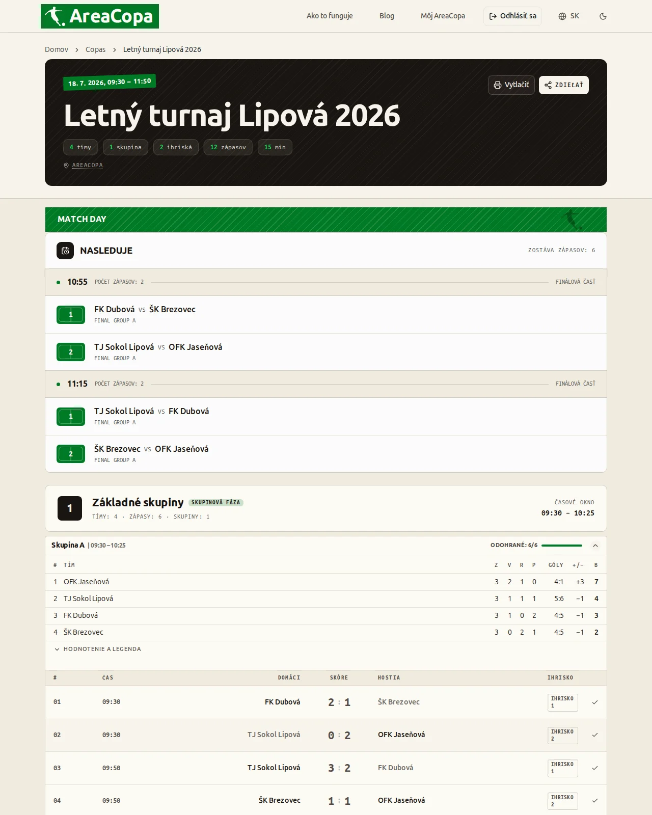 Verejná stránka turnaja s tabuľkou naživo, všetkými výsledkami a rozpisom zápasov finálovej časti