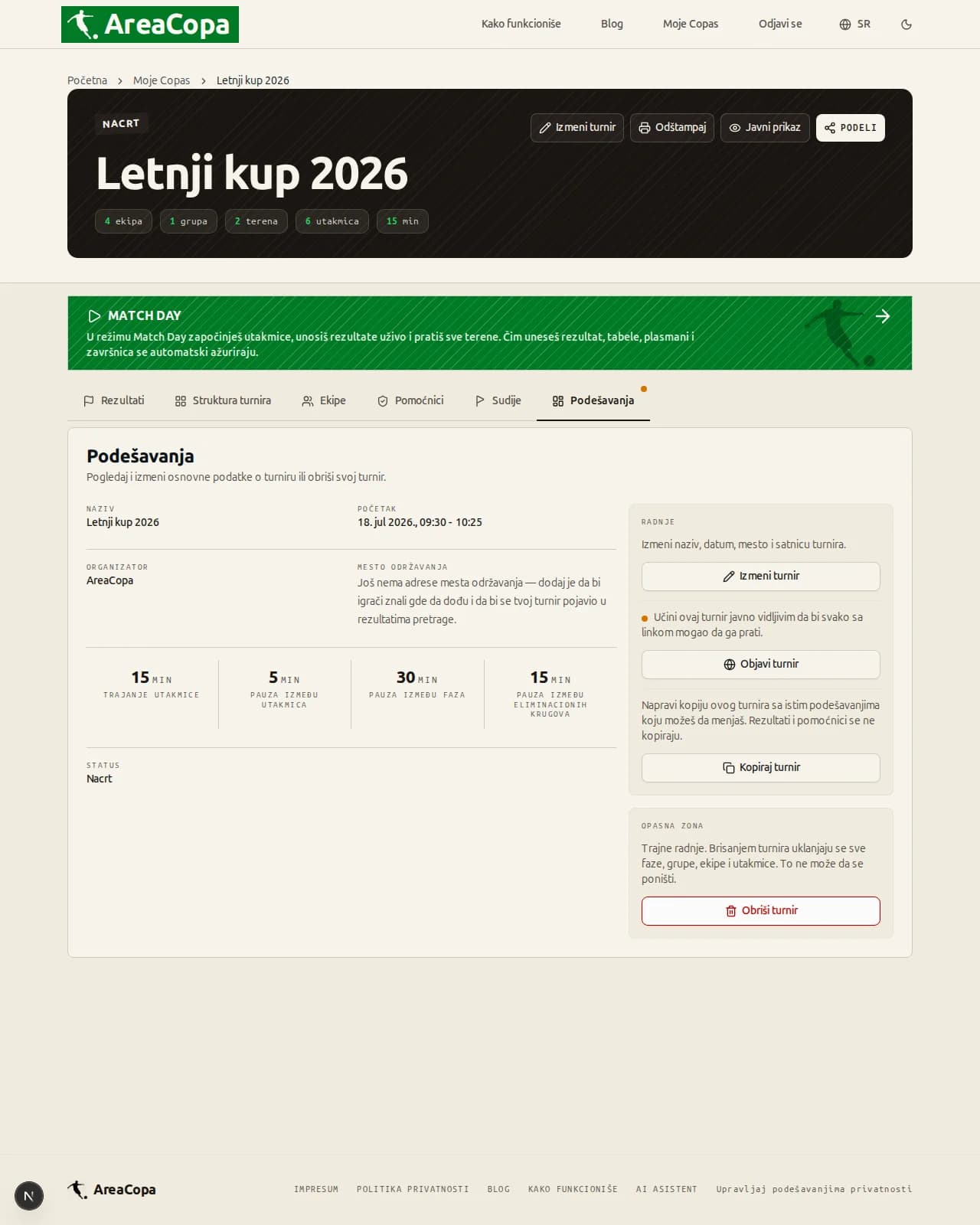 Kartica Radnje sa dugmetom „Objavi turnir“