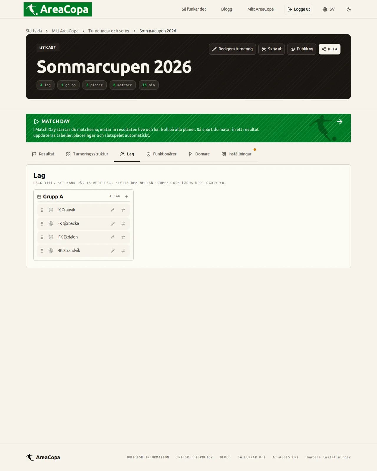 Lagvyn i panelen: fyra föreningsnamn i grupp A