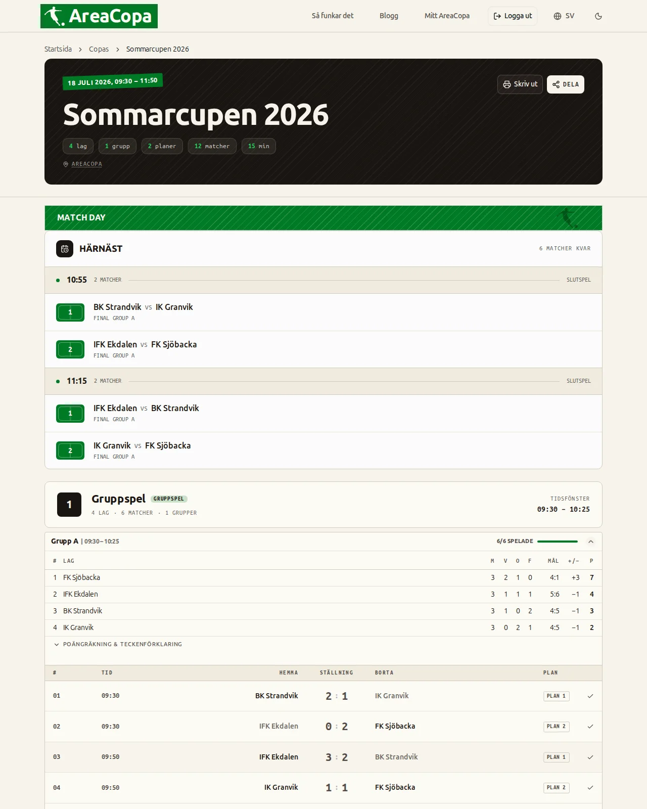 Publik turneringssida med livetabell, alla resultat och slutspelets spelschema