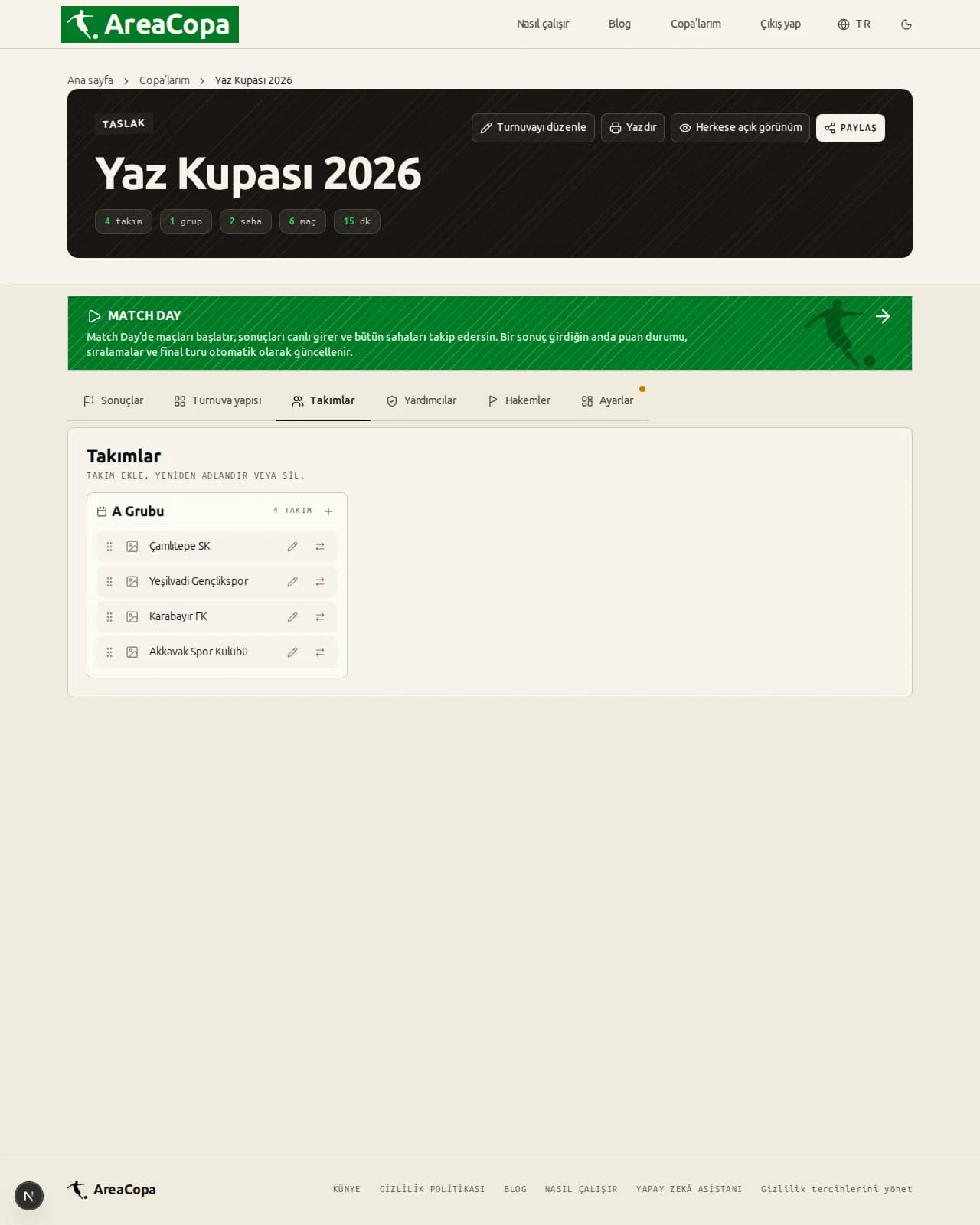 Paneldeki Takımlar bölümü: A Grubunda dört kulüp adı