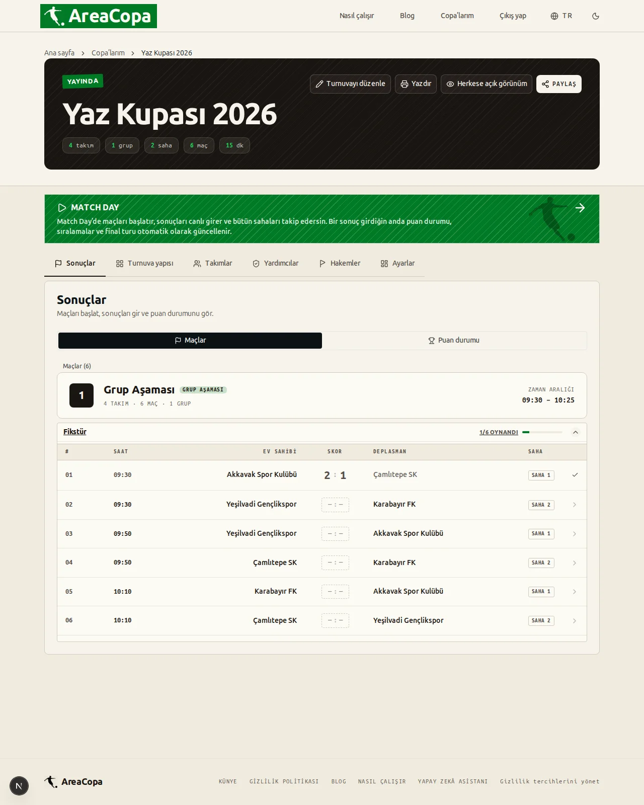 Sonuçlar sekmesi: altı grup maçının hepsi oynanmış