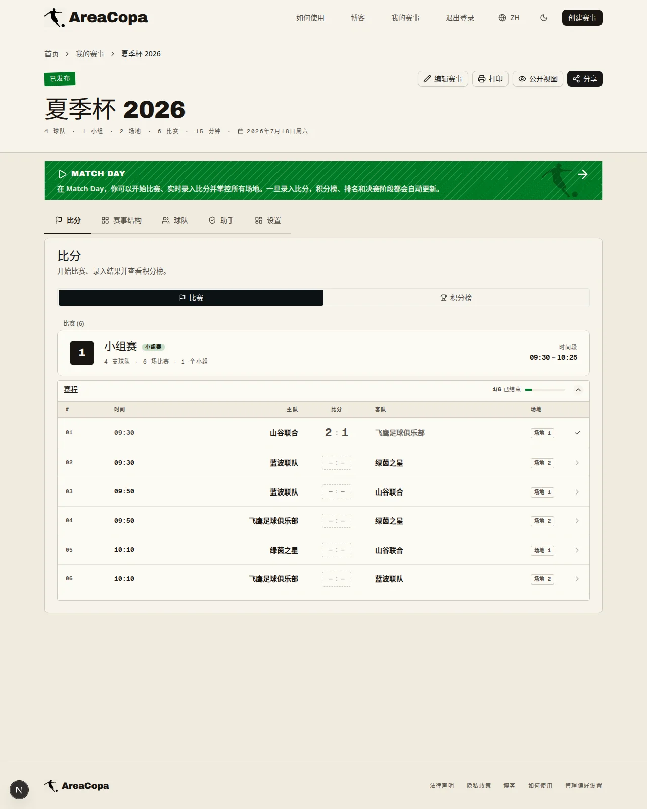 比赛结果页：六场小组赛全部结束