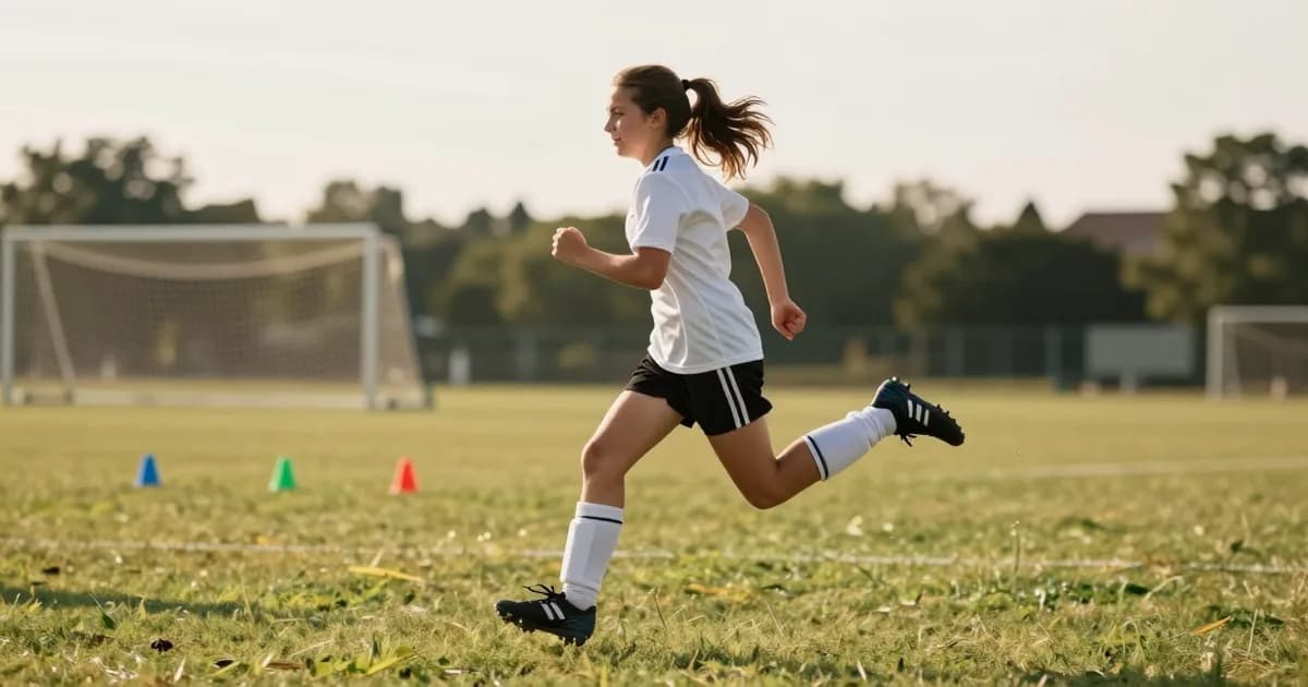 A youth player in clean sprint form on the training pitch: high knee lift, upright torso, rear heel coming up.