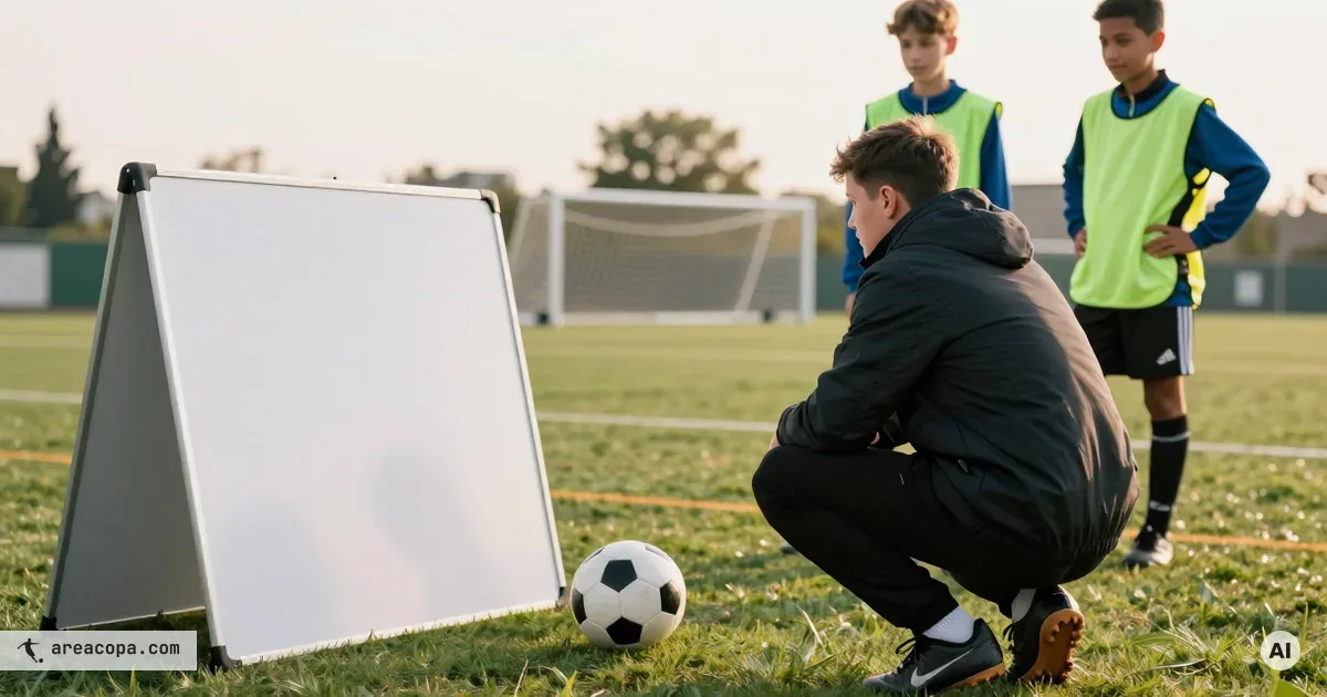 Trenér klečí s taktickou tabulí na trávníku a ukazuje sestavu 3-3-2; dva hráči kategorie U13 stojí vedle a poslouchají, míč leží v popředí.
