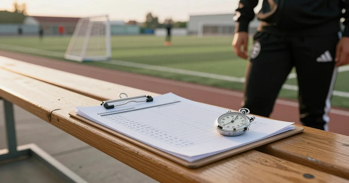 Clipboard med kampprogram og et stopur på en træbænk ved sidelinjen, i baggrunden et uskarpt fodboldmål og en træner i sort træningsjakke.