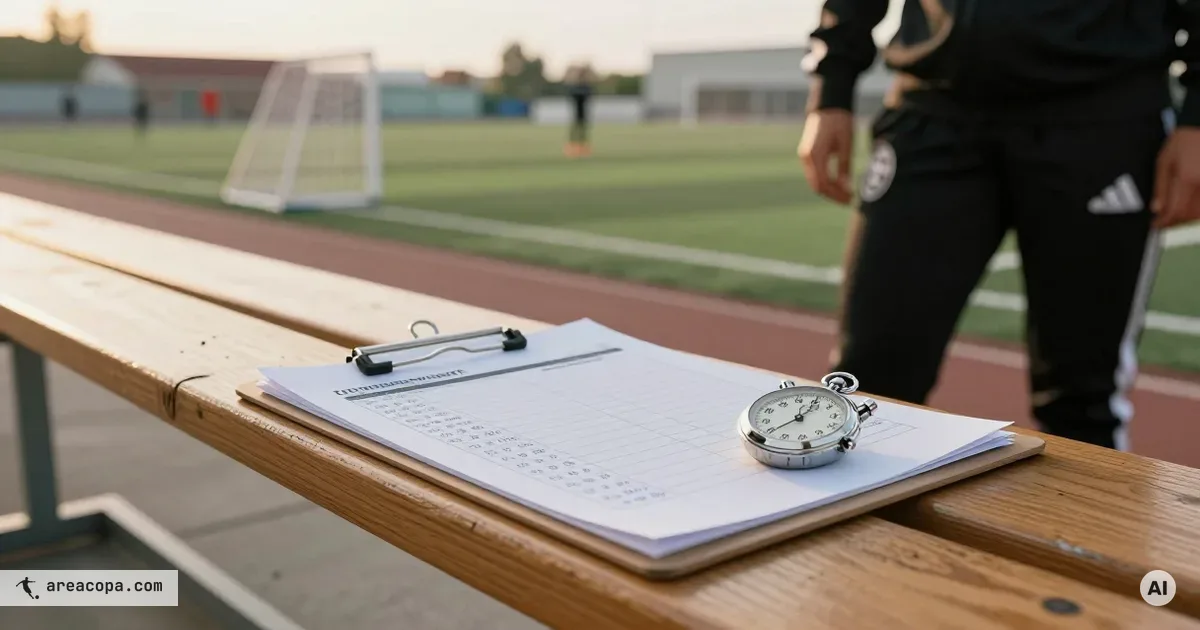 Klembord met een wedstrijdschema en een stopwatch op een houten bank langs de lijn, op de achtergrond onscherp een voetbaldoel en een trainer in een zwart trainingsjack.