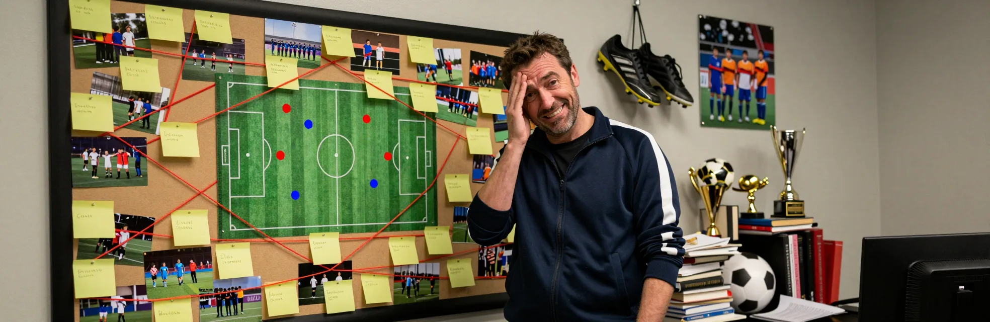 Entrenador de fútbol explicando una jugada en la pizarra táctica — blog de AreaCopa sobre planificación de torneos, coaching juvenil y formatos de juego.