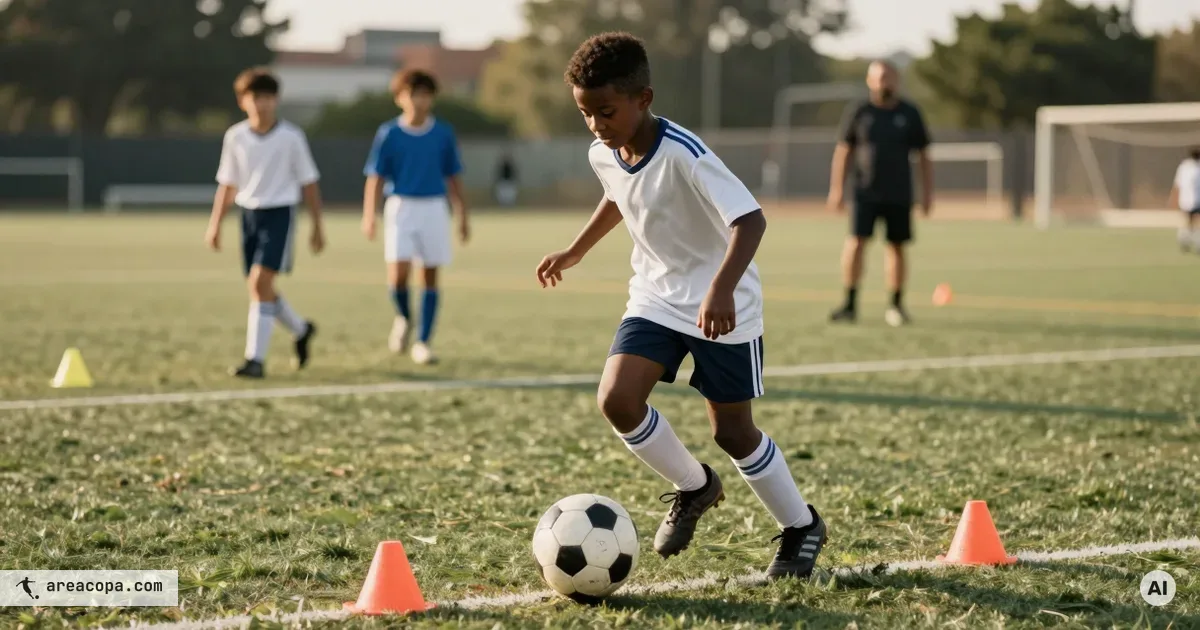 Jonge speler dribbelt tijdens een dribbeltraining voor O9 tot O11 met de bal aan de wreef door pionnenpoortjes op een grasveld.