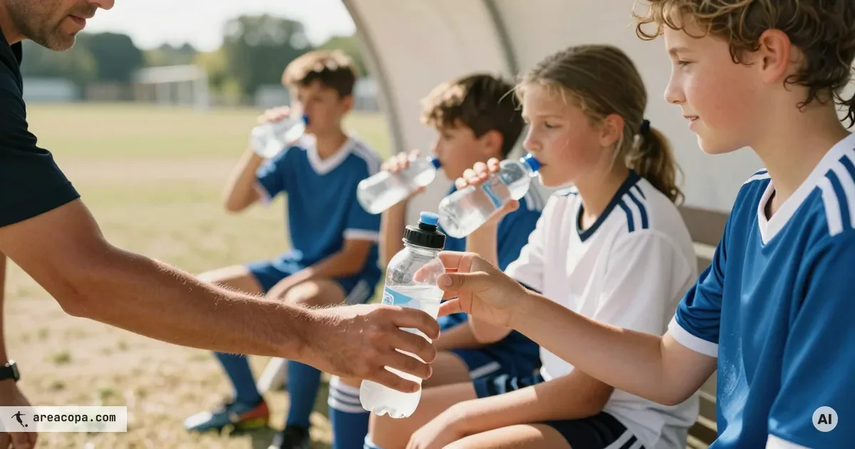 Coach hands a young girl player a water bottle during a hydration break in the shade of a tent, with other children drinking water blurred behind her on a dry summer pitch.