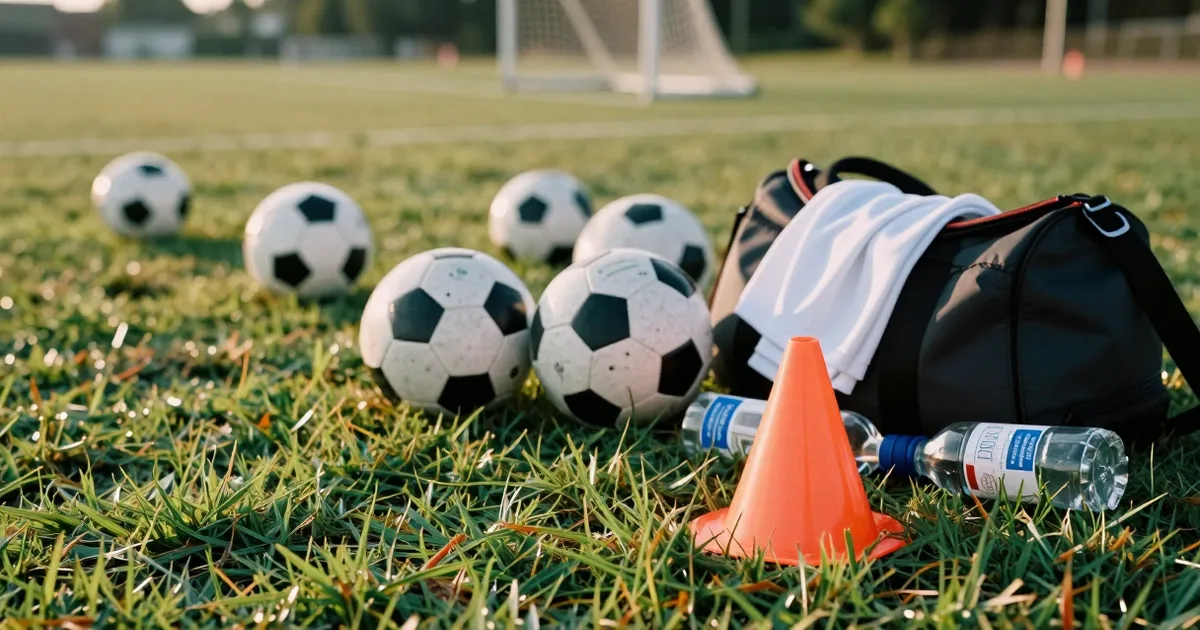 Trenerutstyr langs sidelinjen før avspark på en fotballcup: baller, en kjegle som har veltet, en vest over sportsbagen og vannflasker i gresset, mål uskarpt i bakgrunnen, morgenlys.