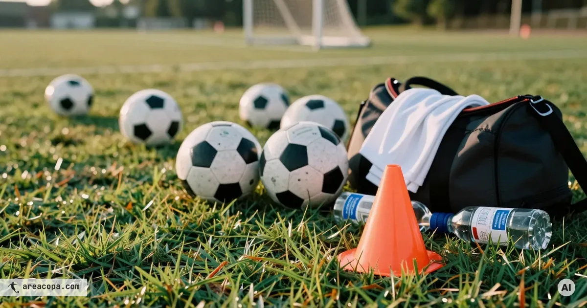 Trænerudstyr ved sidelinjen før første fløjt til et fodboldstævne: bolde, en væltet kegle, en overtræksvest hen over sportstasken og vandflasker i græsset, mål ude af fokus i baggrunden, morgenlys.