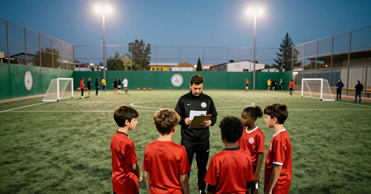 Vier Jugendspieler in roten Shirts stehen mit ihrem Trainer im Kreis auf einem chilenischen Baby-Fútbol-Hallenfeld, der Trainer hält einen Klemmbrett-Fixture, Eltern auf Bänken im Hintergrund unter Hallenbeleuchtung.