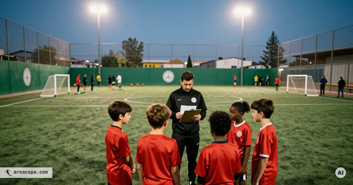 Four youth soccer players in red shirts standing in a circle with their coach on a Chilean indoor Baby Fútbol pitch, the coach holding a clipboard with the fixture, parents on benches in the background under indoor lighting.