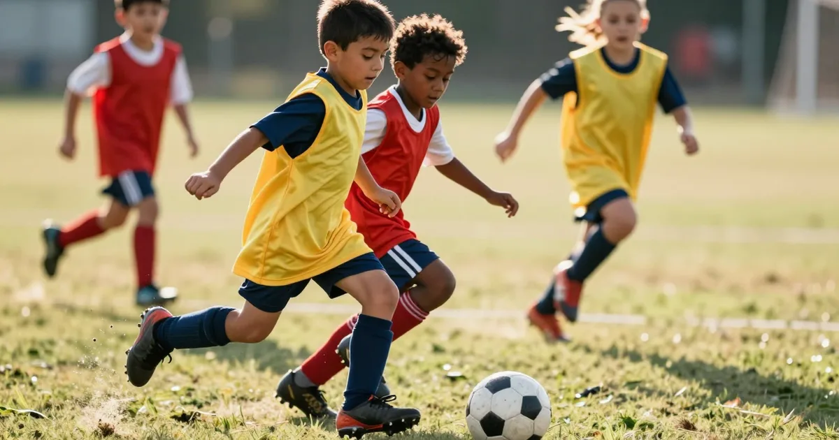 Nahaufnahme einer Funino-3-gegen-3-Szene: Kind im gelben Leibchen führt den Ball, Verteidiger im roten Leibchen schließt auf, dritter Mitspieler sprintet in den freien Raum.
